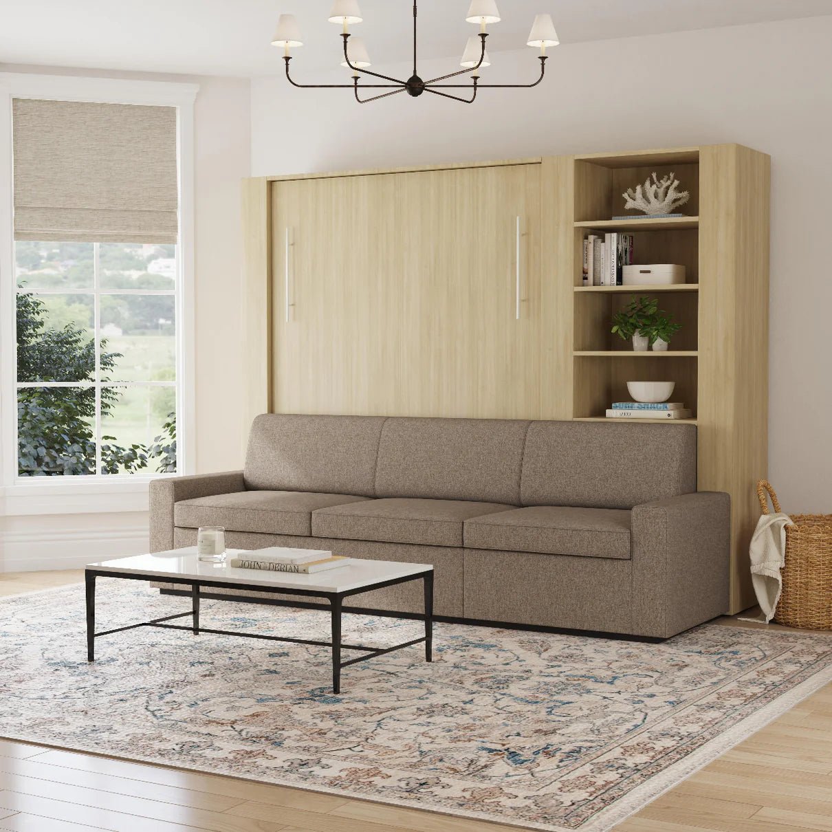 inovabedqueensizemurphybedwithcouchextendedNaturalOak.jpg Queen Size Murphy Bed with Extended Couch | Inovabed - Image 1